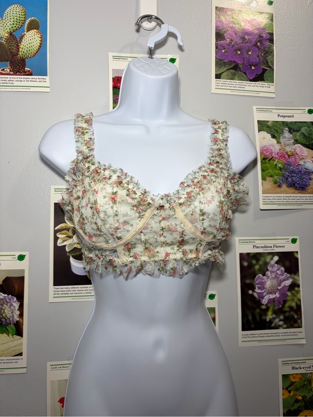 Free People Cream Floral Ruffle Bralette  with Pink Accents